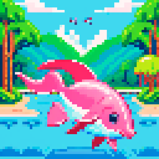 pink dolphin, jumping, river, rainforest, pixel art, sRGB