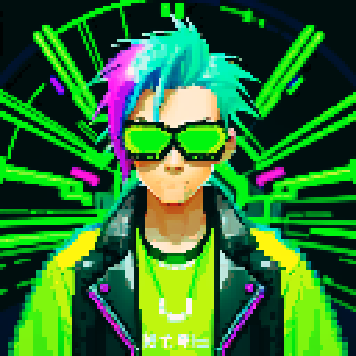cyberpunk hacker with neon green hair and augmented reality glasses, floating above a glowing gene bottle filled with swirling strands of DNA, surrounded by a digital landscape of glitchy code rendered in pixel art with vibrant sRGB colors
