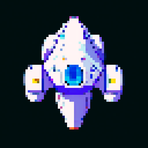 a transparent pure 2d sprite for a space game. It needs to look like the top view of a futuristic spaceship all by itself with the background transparent ,style of the 80s. The spaceship should not have any shadows.