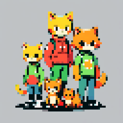 A yellow cat, a red dog, a green turtle and an orange goldfish standing together as a family, posing for a portrait.