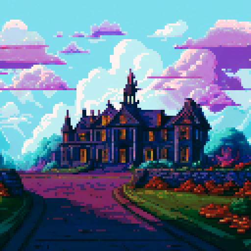Haunted plantation style mansion, looming atop a hill, with a winding cobblestone pathway leading to its entrance, under a dark night sky filled with ominous thunderclouds and sporadic bursts of lightning, all depicted in pixel art, showcasing the eerie sRGB color palette, creating a haunting background landscape