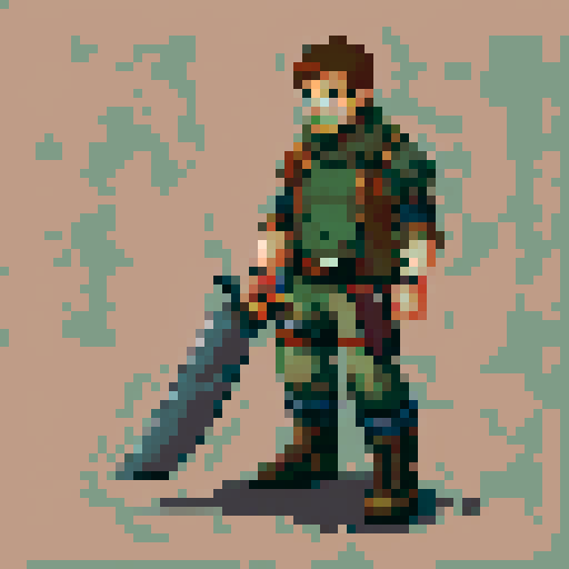 Create a 2D pixel art character for a post-apocalyptic game with a decay theme. The player is a rugged survivor, dressed in tattered clothes and worn-out armor, showing signs of exposure to a decaying world. The character wields makeshift weapons like a rusted blade or a crude gun. The color palette should include muted, earthy tones to emphasize the decay theme.