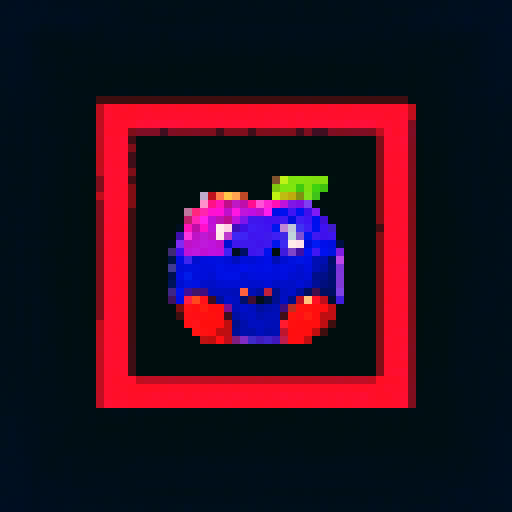 blueberry-made art frame, pixelated fruits in vibrant colors, void inside, dark background, sRGB