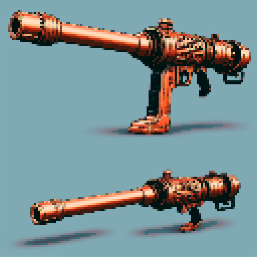 I want a big copper minigun viewed from from the side. It should not be on a stand but instead floating in the center of the frame. It should have strange mechanical details that could interlock with others. I want this object usable an asset in a videogame, meaning only one object per image, outlined with a strong black stroke, on a solid-color background. 