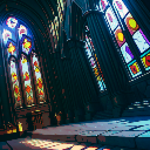 Gothic cathedral interior, towering stained glass windows, flickering candlelight, ornate stone arches, intricate stone carvings, ethereal sunlight streaming through, dramatic shadows, pixelated details, vibrant sRGB color palette