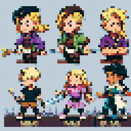 2D character, blond hair, vest, sword in hand, sprite sheet, walking, running, fighting animations, purple shirt, exposed chest, black hair, brown boots, muscle growth, pixel art style, sRGB colors
