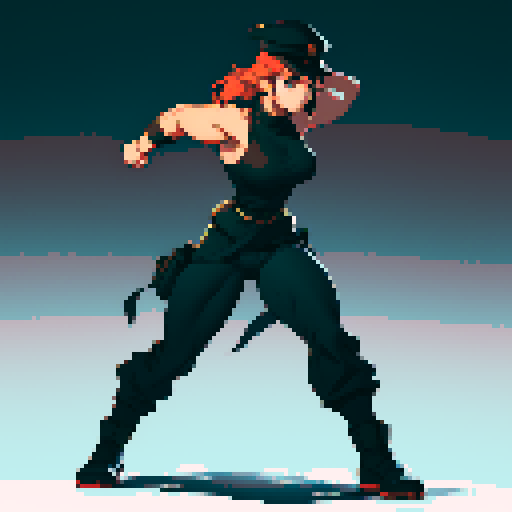 full-body image, muscle girl, female, thick biceps, big shoulders, big fists, muscular physique, thick waist, facing left, ready to fight, exaggerated proportions, black military uniform, black hat, military backdrop, sRGB, pixel art, no background, no backdrop, facing left, fists raised, ready to fight, full-body