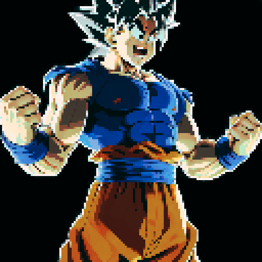 Create a pixel art of Goku, with accurate features: spiky hair, orange and blue suit. It should mimic the anime’s style, resembling classic 8-bit video game art and be highly recognizable. make it as detailed as you can fit within the space try to generate the rest of the body, turn his hair white with shading 