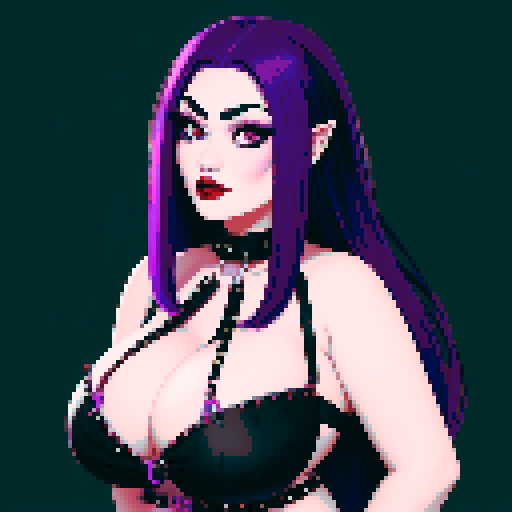 Plus size busty goth girl, with long purple hair, eyeliner, red lipstick. wearing a halter top and studded collar. Posing for a face portrait, avatar photo. vibrant sRGB colors, pixel art, edgy aesthetic