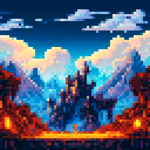 sword, gleaming, sharp, metallic, forged, sparks flying, blacksmith's workshop, anvil, glowing embers, billowing smoke, ancient, ornate hilt, intricate engravings, vibrant colors, lush green meadow, towering mountains