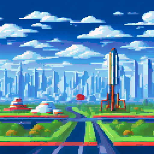 Elon Musk's cluttered office, futuristic gadgets, stacks of blueprints, shelves of model rockets, sRGB, pixel art, background, landscape