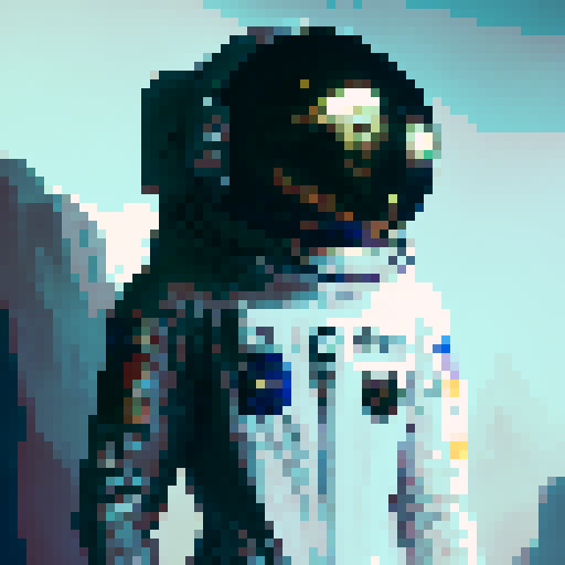 Androgynous astronaut in a clear helmet, wearing a sleek, futuristic sci-fi space suit adorned with intricate, metallic armor pieces reminiscent of a fantasy RPG