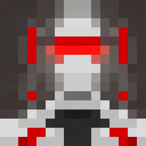 White body with red circuits and glowing blue eyes in a game icon-style 16x16 pixel art close-up portrait.