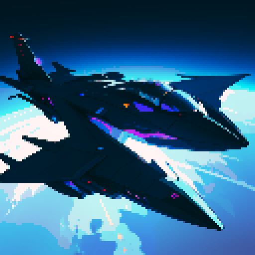 futuristic spaceship, topview, sleek and streamlined, hovering mid-air, dark blue colors, pixelated sRGB aesthetic