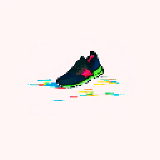 A pair of vibrant sneakers, adorned with neon laces, sitting atop a pixelated grassy hill overlooking a cityscape at sunset