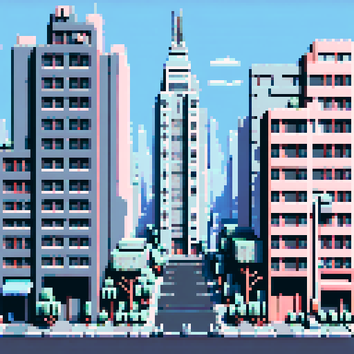 Cityscape, towering skyscrapers, bustling streets, retro video game vibes, blocky pixelated buildings, grey palette, 8-bit art style,ARNE32 palette, little details, top of a building perspective
