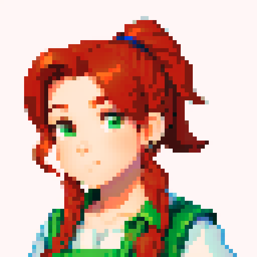 A Stardew valley style portrait for an NPC blacksmith character from the chest up. She has auburn hair in a ponytail, a muscular body with a black apron on, and green eyes.