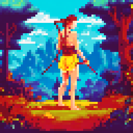 faceless nude human in yellow, wielding bow, targeting animal, surrounded by greenery, pixel art, sRGB