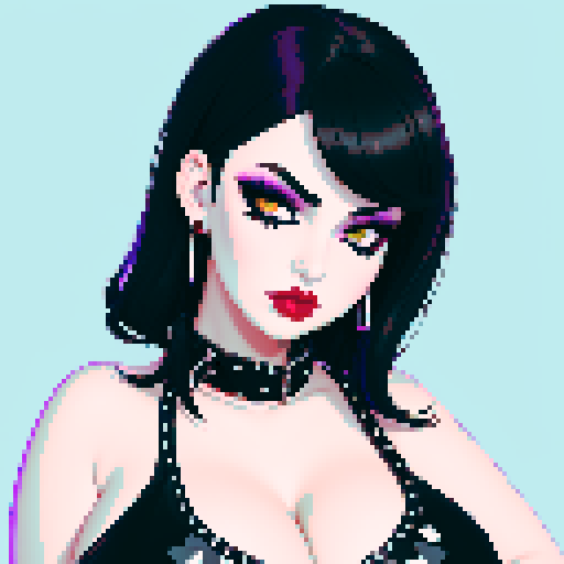 curvy, cute busty greaser goth girl's face, whole head portrait, black hair, purple eyeshadow, red lipstick, low cut black studded leather halter top, studded collar, game avatar portrait, vibrant sRGB colors