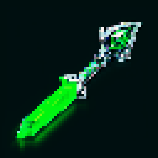 rogue's dagger, shimmering silver blade, intricate engravings, glowing green gemstone handle