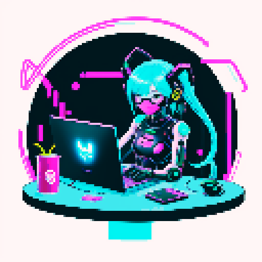cute cyberpunk scorpion with human head, human head is from anime inspired character with vibrant hair, expressive eyes, a playful smile, and a mouth mask, scorpion is playing computer games, tables with potato chips and coca cola, scorpion's tail is large and should be fully in the picture, bright yellow and cyan and pink lights
