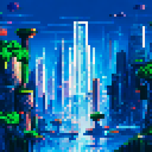 Futuristic city with towering geometric buildings reflecting vibrant sunlight, surrounding a glittering river with hovering spacecrafts and art installations, all brought to life through 16:9 aspect ratio pixel art style and detailed lighting and shading techniques
