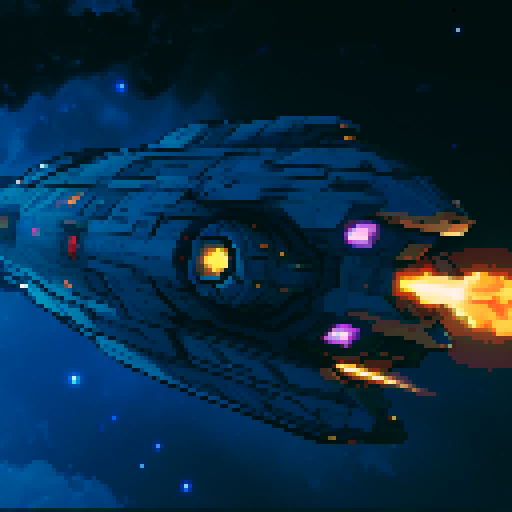 spaceship with sleek metallic exterior, glowing engine fires, starry backdrop, vibrant pixel art, sRGB colors
