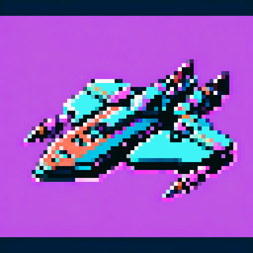 6-bit pixel art spaceship, blocky silver hull with rust patches, glowing cyan engines trailing a cyan-magenta hyperspace streak, SNES retro style, 64x64px grid, limited 16-color palette, sharp edges