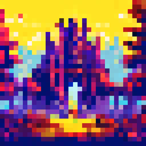 Golden armored knight galloping through a misty, moonlit forest, with towering trees and a castle in the background, all depicted in vibrant sRGB pixel art style