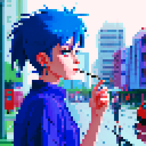 Blue haired 90s pop girl, smoking a cigarette, downtown, in the rain, gritty