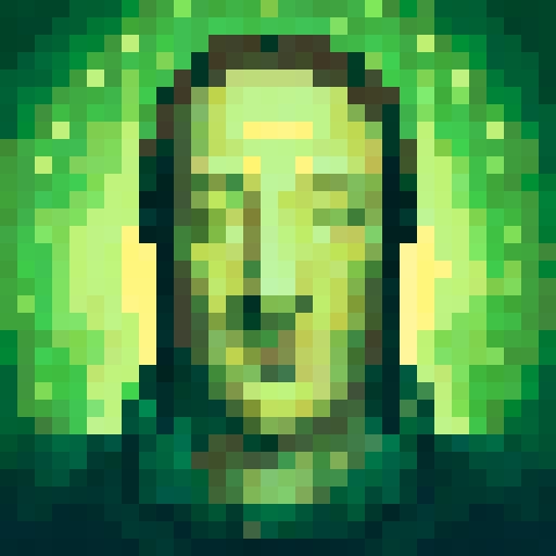 Marc Zuckerberg, reality-bending ads, game icon, 32x32 pixel art, sRGB, skill art, close up, portrait, tech-savvy genius, glitchy effects, neon colors, futuristic headset, digital manipulation, surreal background