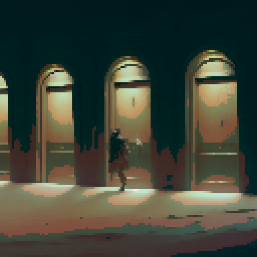 row of ornate, wooden doors with intricate carvings and glowing runes, each leading to a different realm; flickering torches lining the stone walls; a dusty, ancient tome lying open on a pedestal; an ethereal mist swirling around the room