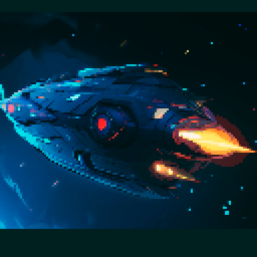 futuristic spaceship, topview, sleek and streamlined, hovering mid-air, pixelated sRGB aesthetic, retro-futuristic buttons, neon-lit control panel