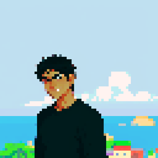 Indian boy with a slightly pointed chin and a warm, friendly smile, warm and medium-tan complexion, large and dark brown eyes with long, dark eyelashes, thick and dark brown eyebrows with a slight arch, medium-sized and slightly rounded nose, wide and expressive mouth with slightly upturned corners, short and black hair with a slight wave, character portrait, close up, anime style, pixel art