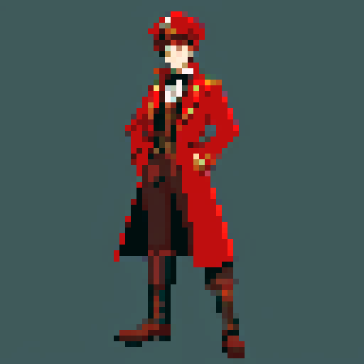 steampunk young man, red coat, red hat, 2D game stance, pixel art, sRGB, full body