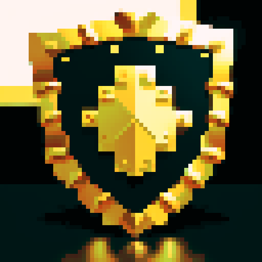 pixel art shield, two engrailed top, elaborate metallic gold edge, solid wooden field, solid black background, sRGB style