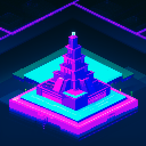 technological Ziggurat, shimmering in neon hues, surrounded by frozen waters reflecting the pixel art skyline