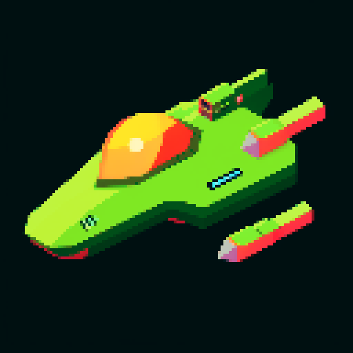 Green spaceship, retro, low resolution, vibrant colors, geometric shapes, angular design, glowing thrusters, metallic finish, cosmic atmosphere, sci-fi aesthetic, futuristic, extraterrestrial, otherworldly, nostalgic, video game-inspired, little colors