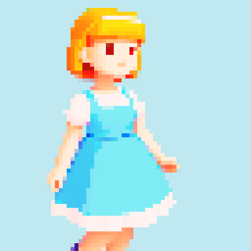 A young lovely girl; full figure picture; wearing light blue and white dress