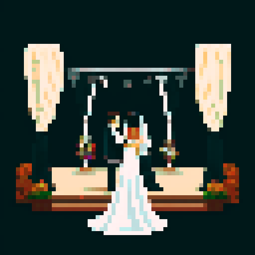 bride with fair skin, black hair, and tall stature, groom with ethnic features and short stature, both under white cloth chuppah, at a Jewish wedding, against a black background, in a flat color, pixel art style, emphasizing sRGB