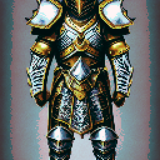 Golden chain mail glinting in the sunlight, intricate engravings of dragons and lions etched into every inch, a majestic helmet adorned with a fierce eagle crest, and a pair of gauntlets that could crush a boulder - all at 5 scale, perfect for a game asset