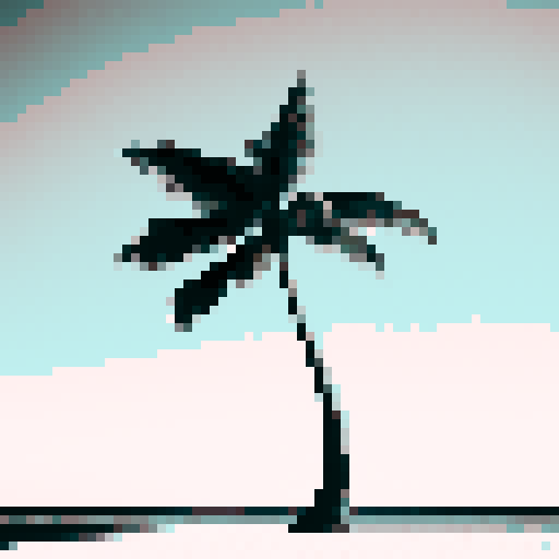 A black and white palm tree on a beach.