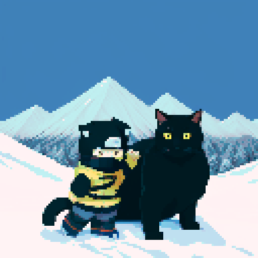 Hatake Kakashi with a black cat with yellow eyes on his shoulders in between towering, snowy mountains