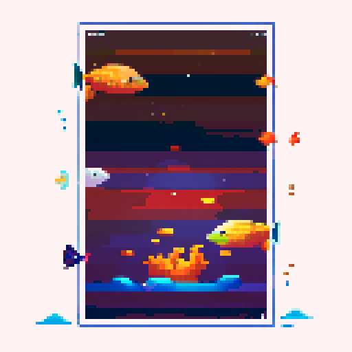 vertical underwater scene, bright fish fleeing, trawl chasing, fish hooks, sea mines, nests, fishing boat launching hooks, bright, sunny, atmospheric, pixel art, sRGB