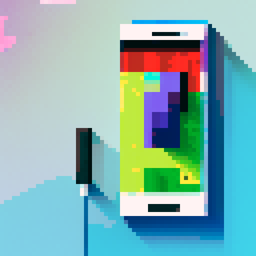 A sleek, black smartphone with a vibrant, neon screen displaying a pixel art cityscape surrounded by pixelated clouds and a stylized sun