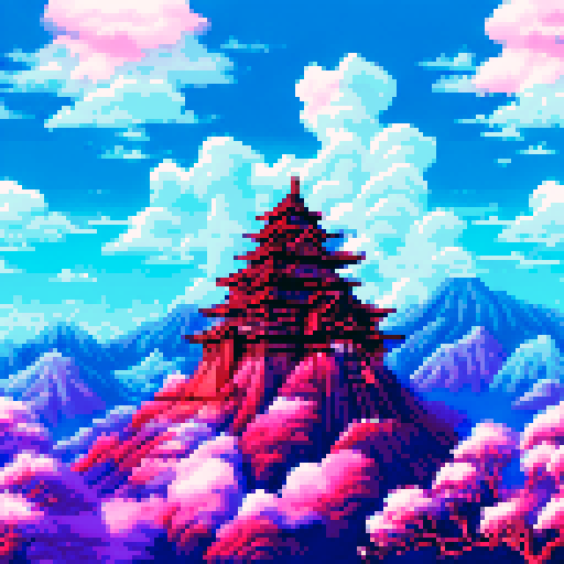 A towering, red-roofed Japanese temple nestled in a lush, mountainous landscape surrounded by cherry blossom trees with pixelated details and a serene sRGB color scheme