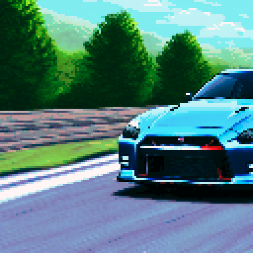 Photorealistic whole Nissan Skyline GT-R, three-quarter view, right front wheel, clean background, sRGB colors, pixel art style
