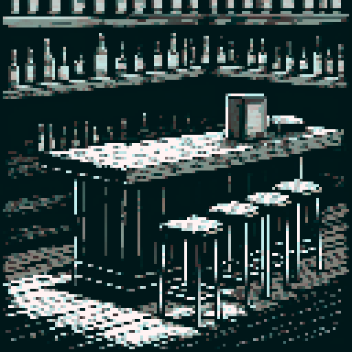 As you approach the bar counter, its wooden surface rough and pixelated. Resting on the worn wood is an old, tattered book. black and white, 16 bit, first person