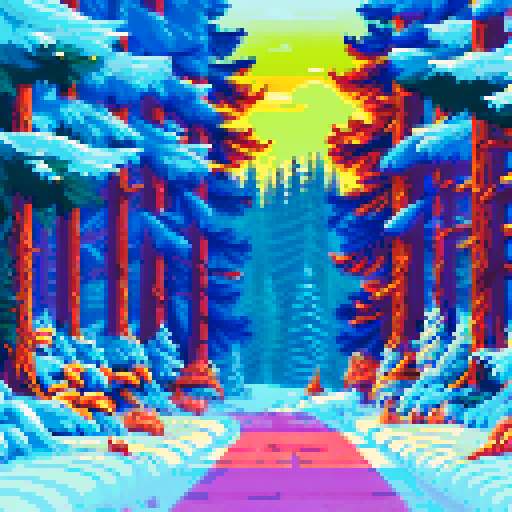 snow covered winter forest, tall spruce trees, clearing, quaint cottage, warm light, windows, snowy ground, sRGB, pixel art, background, landscape