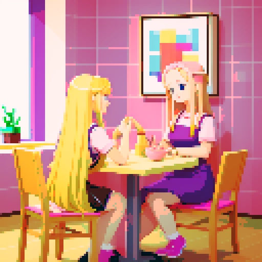 A girl with long blonde hair wearing a pink apron, a friend with short brown hair, sitting facing each other, table, nail salon.